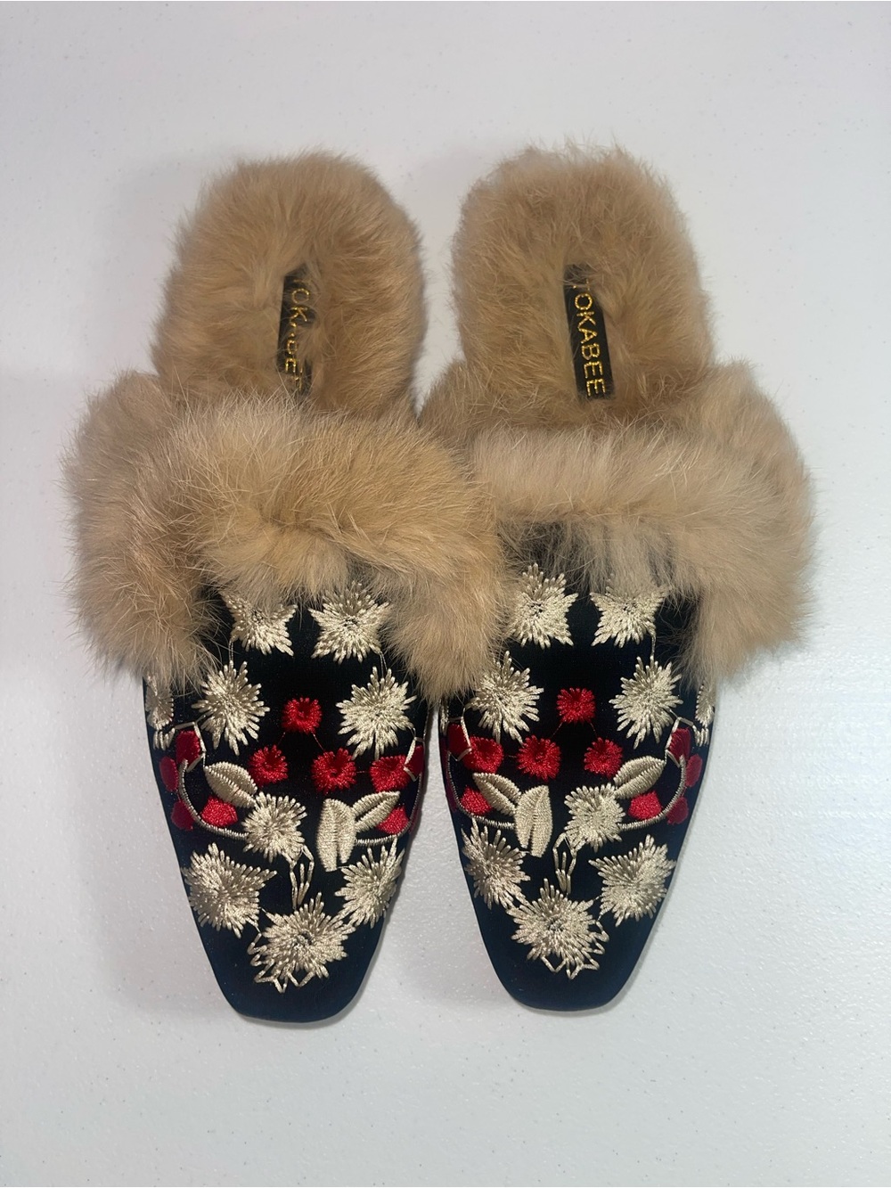 Floral Embroidered Faux-Fur Mules in Black & Tan